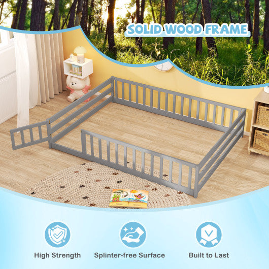 Full Size Floor Bed with Full Length Safety Guardrails-Gray
