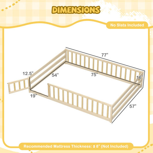 Full Size Floor Bed with Full Length Safety Guardrails-Natural