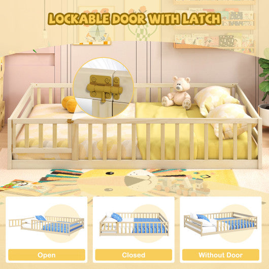 Full Size Floor Bed with Full Length Safety Guardrails-Natural