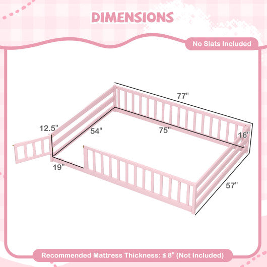 Full Size Floor Bed with Full Length Safety Guardrails-Pink
