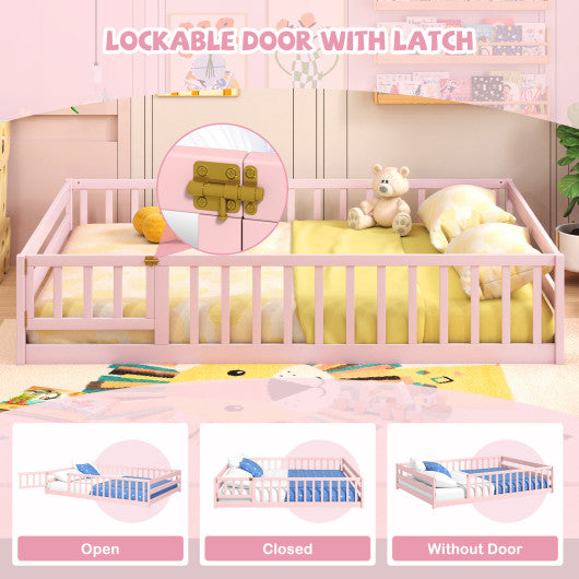 Full Size Floor Bed with Full Length Safety Guardrails-Pink