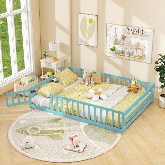 Full Size Floor Bed with Full Length Safety Guardrails-Dark Green