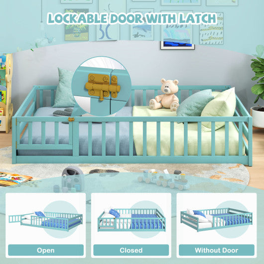 Full Size Floor Bed with Full Length Safety Guardrails-Dark Green