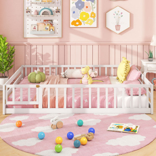 Full Size Floor Bed with Full Length Safety Guardrails-White