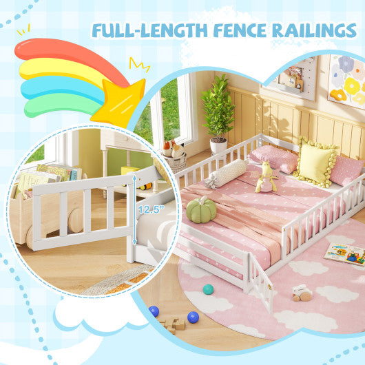 Full Size Floor Bed with Full Length Safety Guardrails-White