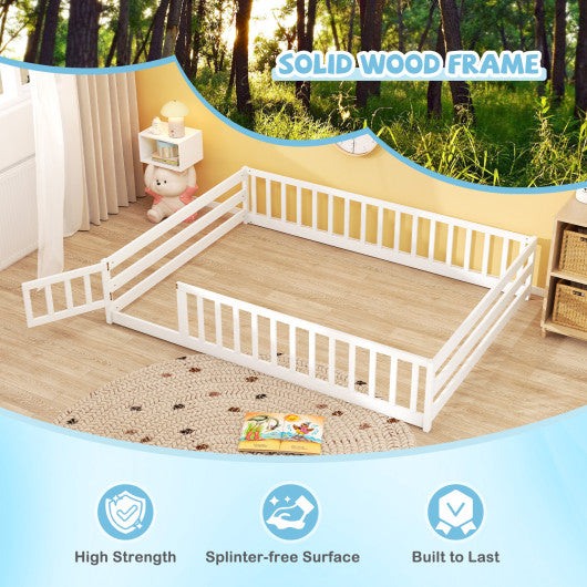 Full Size Floor Bed with Full Length Safety Guardrails-White