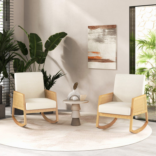 Rocking Chair with Rattan Armrests and Upholstered Cushion-Beige