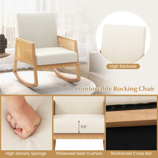 Rocking Chair with Rattan Armrests and Upholstered Cushion-Beige
