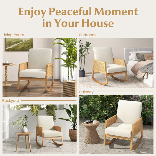 Rocking Chair with Rattan Armrests and Upholstered Cushion-Beige