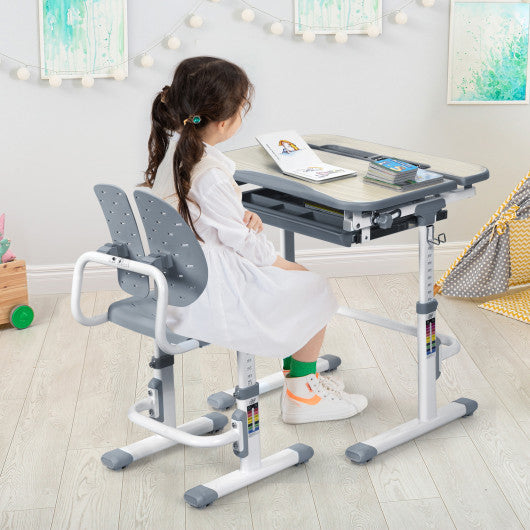 Height Adjustable Kids Study Desk and Chair Set-Gray