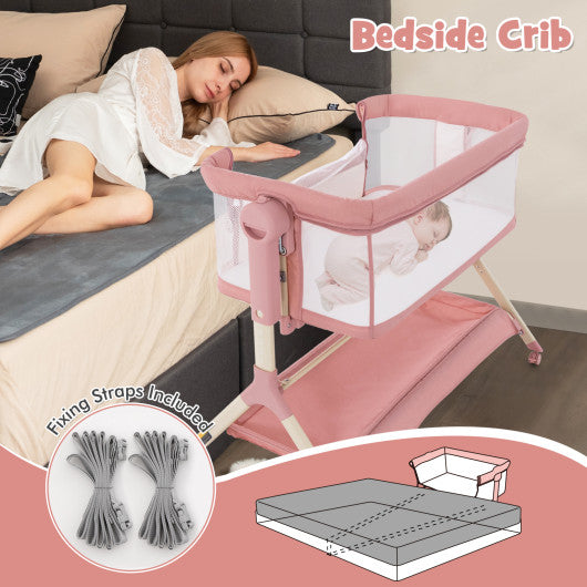 Height Adjustable Bedside Sleeper with Storage Bag and Soft Mattress for Baby-Pink