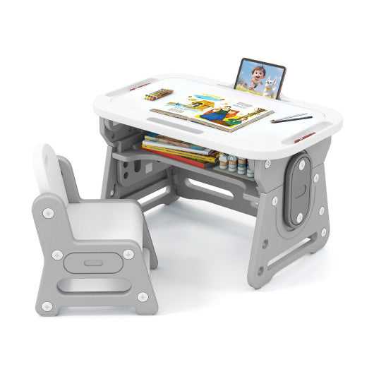 Height Adjustable Kids Table and Chair Set with Tiltable Whiteboard and Concave Shelf-Gray