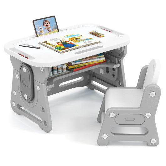 Height Adjustable Kids Table and Chair Set with Tiltable Whiteboard and Concave Shelf-Gray