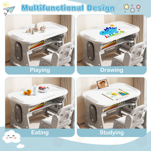 Height Adjustable Kids Table and Chair Set with Tiltable Whiteboard and Concave Shelf-Gray