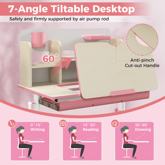 Height Adjustable Kids Study Desk with Tilt Desktop for 3-12 Years Old-Pink