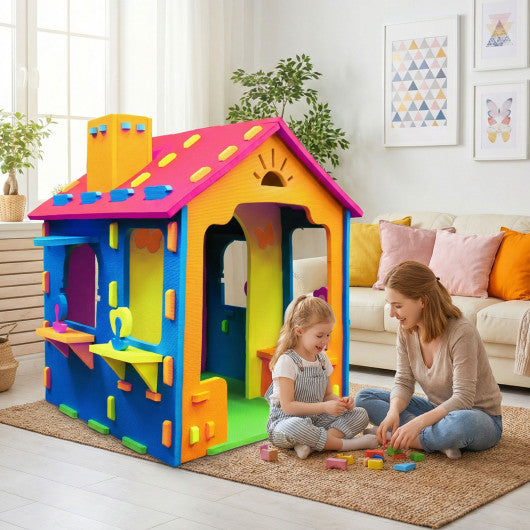 Indoor Cottage Playset with Roof and Chimney for Creative Play-Multicolor