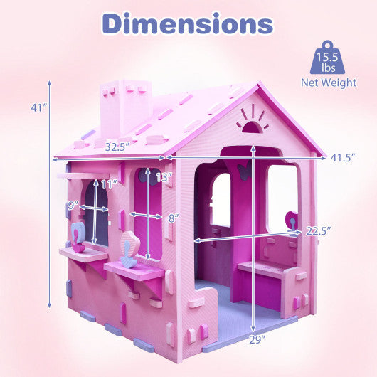 Indoor Cottage Playset with Roof and Chimney for Creative Play-Pink & Purple