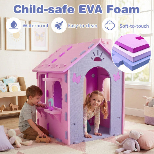 Indoor Cottage Playset with Roof and Chimney for Creative Play-Pink & Purple
