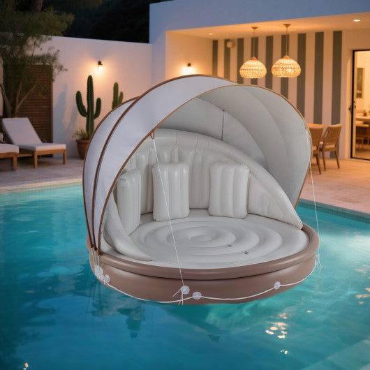 Inflatable Canopy Island Tanning Pool Lounger Float with Retractable Canopy