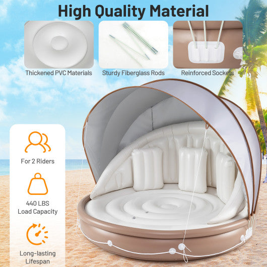 Inflatable Canopy Island Tanning Pool Lounger Float with Retractable Canopy