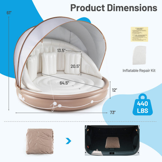 Inflatable Canopy Island Tanning Pool Lounger Float with Retractable Canopy