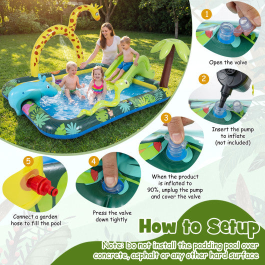 Inflatable Play Center Jungle Animal Spray Pool with Slide Giraffe-shaped Sprinkle