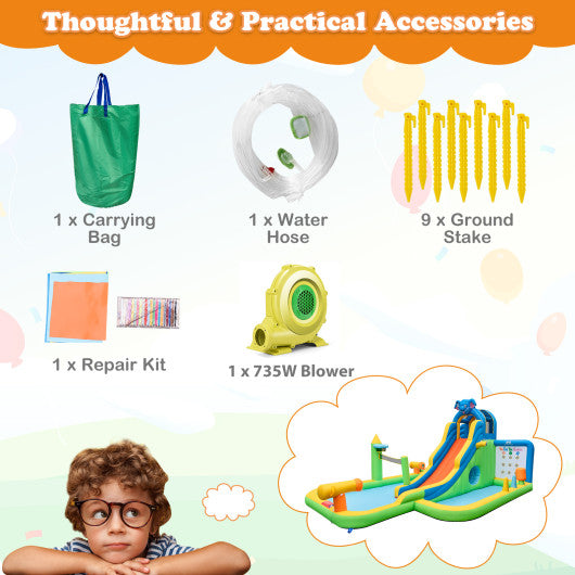 Inflatable Water Slide Giant Water Park 9-In-1 for Kids Backyard Fun with 735W Blower