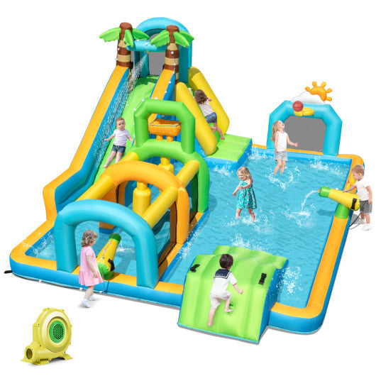 Inflatable Water Slide Tropical Theme Dual Slide Aqua Park with 735W Blower
