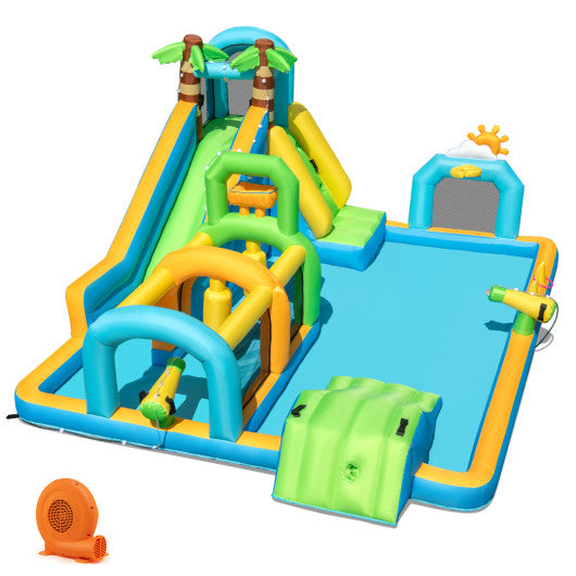 Inflatable Water Slide Tropical Theme Dual Slide Aqua Park with 750W Blower