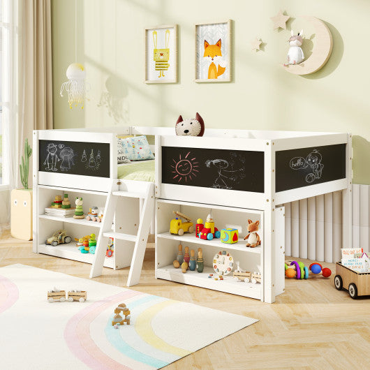 Kid Twin Size Low Loft Bed with Chalkboard Ramp Ladder and Bookcases-White