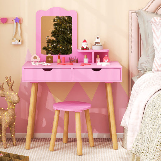 Kid Vanity Table Chair Set with Mirror and 2 Large Storage Drawers-Pink