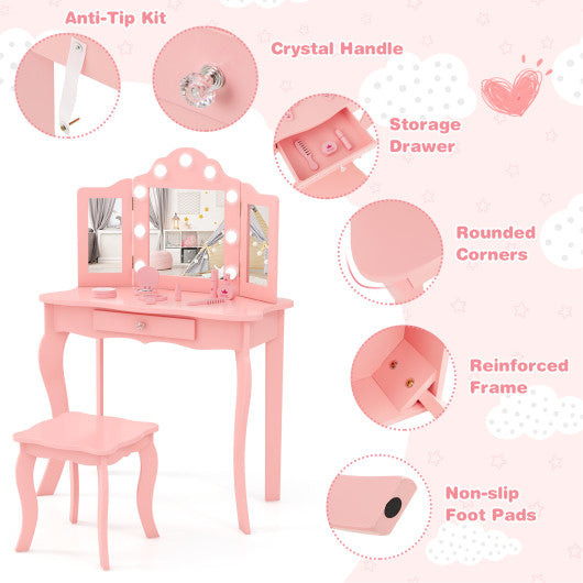 Kid Vanity Table Stool Set with Tri-Folding Mirror and 3-Color LED Lights-Pink