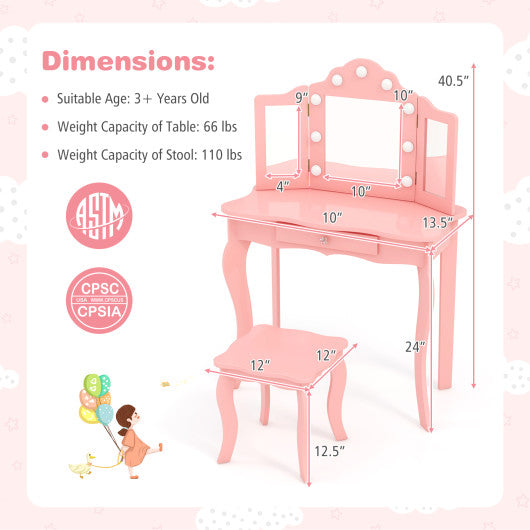 Kid Vanity Table Stool Set with Tri-Folding Mirror and 3-Color LED Lights-Pink