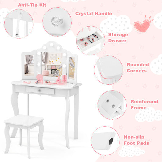 Kid Vanity Table Stool Set with Tri-Folding Mirror and 3-Color LED Lights-White
