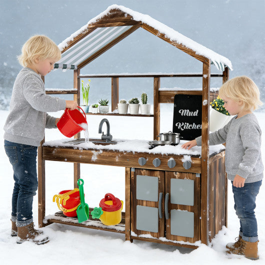 Kid's Mud Kitchen Outdoor Solid Wood Mud Kitchen with Canopy-Natural