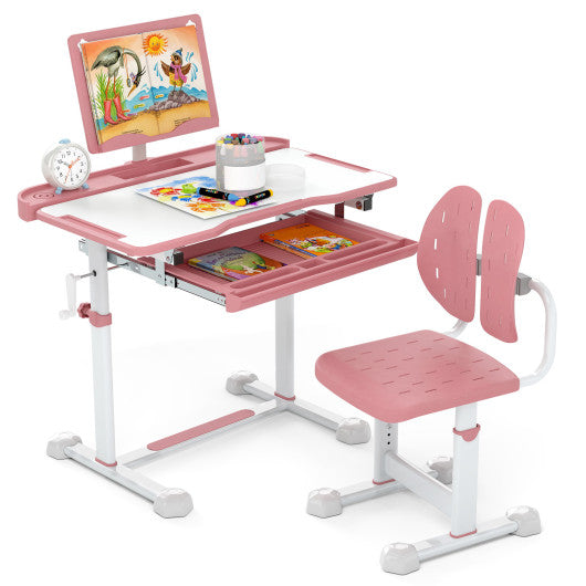 Kid's Study Desk and Chair Set with Tilt Desktop and Book Stand-Pink
