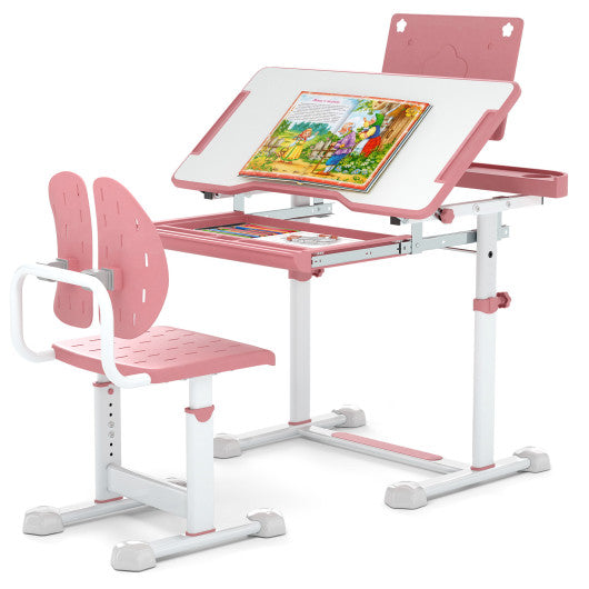 Kid's Study Desk and Chair Set with Tilt Desktop and Book Stand-Pink