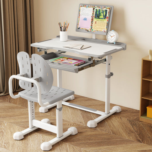 Kid's Study Desk and Chair Set with Tilt Desktop and Book Stand-Gray