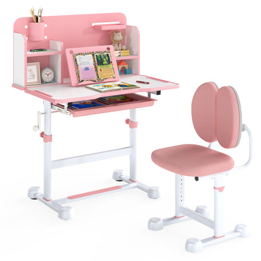 Kid's Study Desk and with Tilt Desktop and Pen Holder-Pink