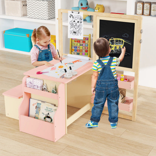 Kids Art Center Wooden Table Bench Set-Pink