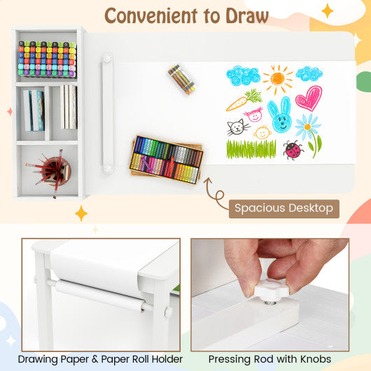 Kids Art Table and Chairs Set with 2 Chairs and Paper Roll-White
