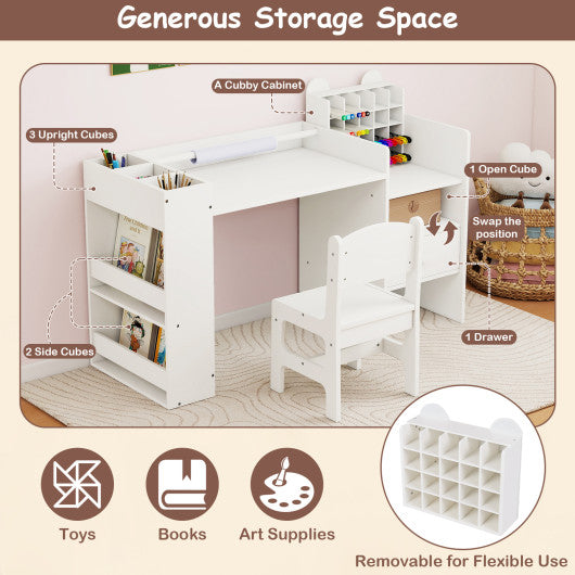 Kids Art Table and Chair Set with Detachable Paper Roll Holder and Cabinet-White