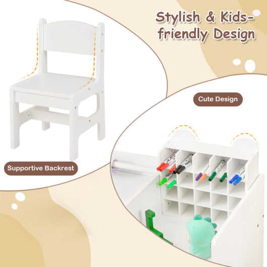 Kids Art Table and Chair Set with Detachable Paper Roll Holder and Cabinet-White