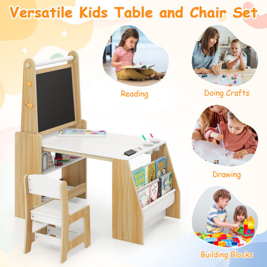 Kids Art Table and Chair Set with Easel and Chair for Drawing Reading-Natural