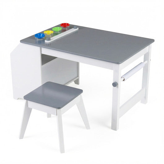 Kids Art Table and Stool Set Toddler Activity Desk with Paper Roll and 4 Paint Cups for Drawing Learning-Gray