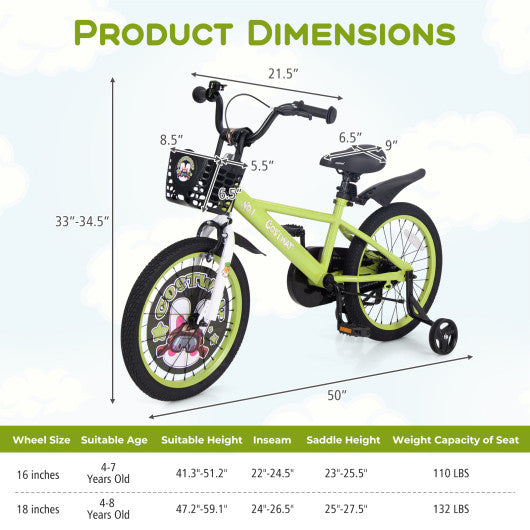 18 Inch Kids Bike Adjustable with Detachable Training Wheels for 4-8 Years Old-18 inches