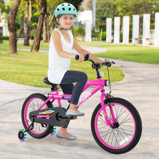 18 Inch LED Lighted Kids Bike with Training Wheels and Headlight for Ages 4-8 Years-18 inches