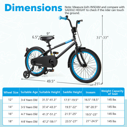 Kids Bike with Adjustable Handlebar and Saddle Black-18 Inches