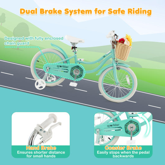 18-Inch Kids Bike with Training Wheels and Adjustable Handlebar Seat-Green