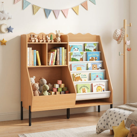 Kids Bookshelf and Toy Storage Organizer Wooden Bookcase with 5 Fabric Pockets-Natural